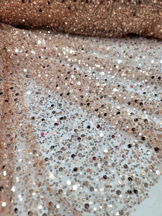Rose Gold Sequins Beaded Embroidered Stretch Lace Fabric By The Yard - Perfect for Prom Dresses