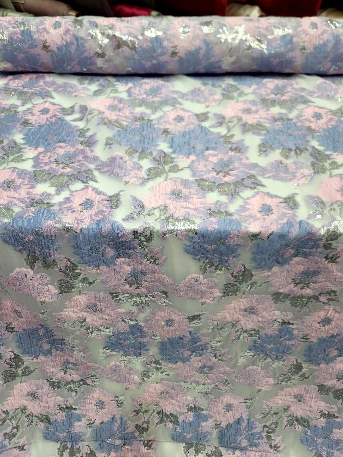 Pink Periwinkle Multicolor Floral Organza Brocade Fabric - Sold By The Yard - Clear Organza (60” Width)
