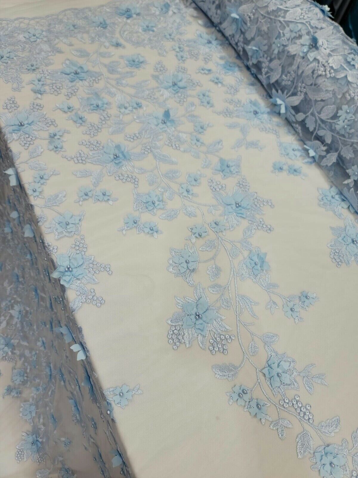 Sky Blue Lace 3D Floral Flowers Prom Fabric - Sold by the Yard for Quinceañera Bridal