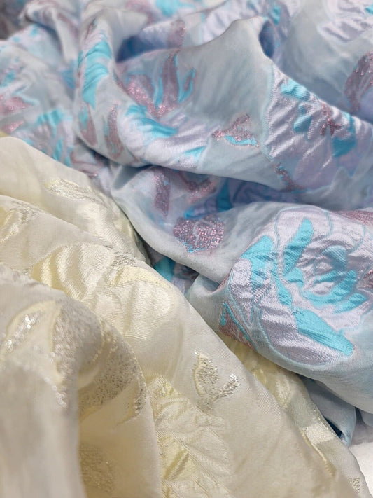 Floral Organza Brocade Fabric by the Yard - Elegant Lavender Blue, or Ivory Gold on White Organza - 60" Width