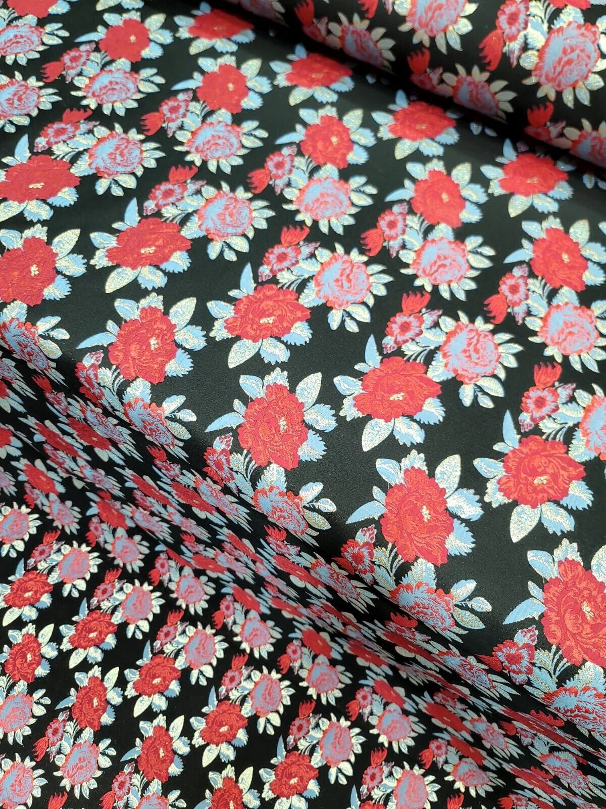 Baby Blue Red Floral Black Brocade Fabric - Sold By The Yard - For Dress Prom Bridal (60” Width)