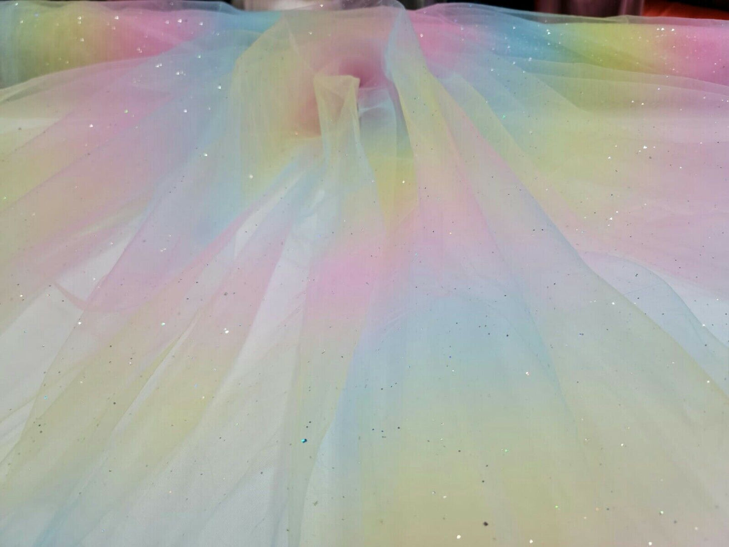 Rainbow Tulle 2-Way Stretch Fabric by the Yard - Ideal for Clothing, Tutus, and Sparkling Crafts - Glued Glitter Finish