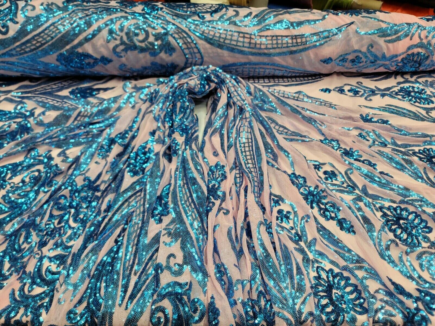 Royal Blue Sequin Lace Fabric By The Yard with Pink Four Way Stretch Mesh - Perfect for Prom and Bridal Wear