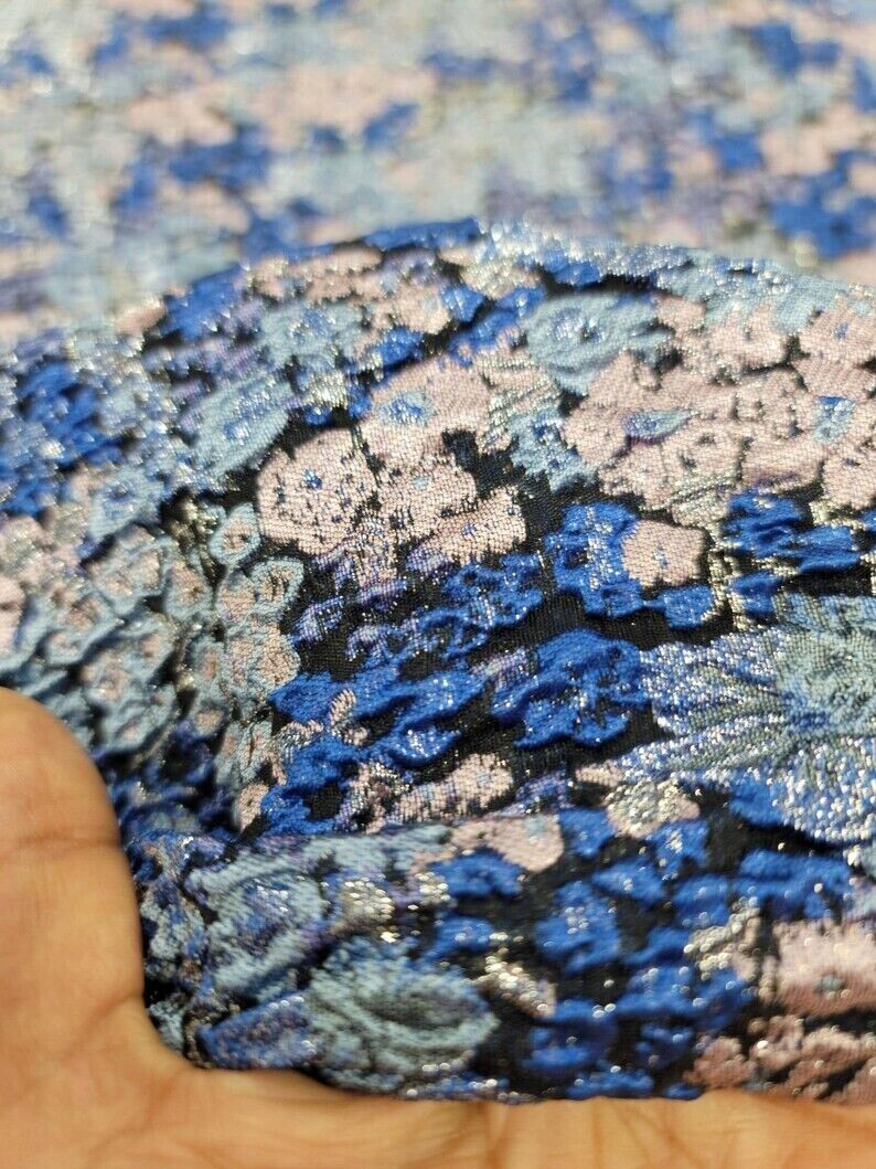 Royal Blue Brocade Floral Flowers Textured Jacquard Fashion Fabric Sold By The Yard