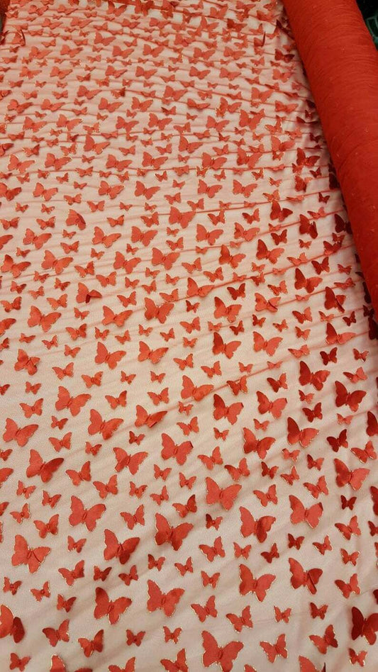 Red Embroidered Lace 3D Satin Butterflies Fabric By the Yard - Perfect for Gowns and Quinceañera Dresses - 60 Inches Wide