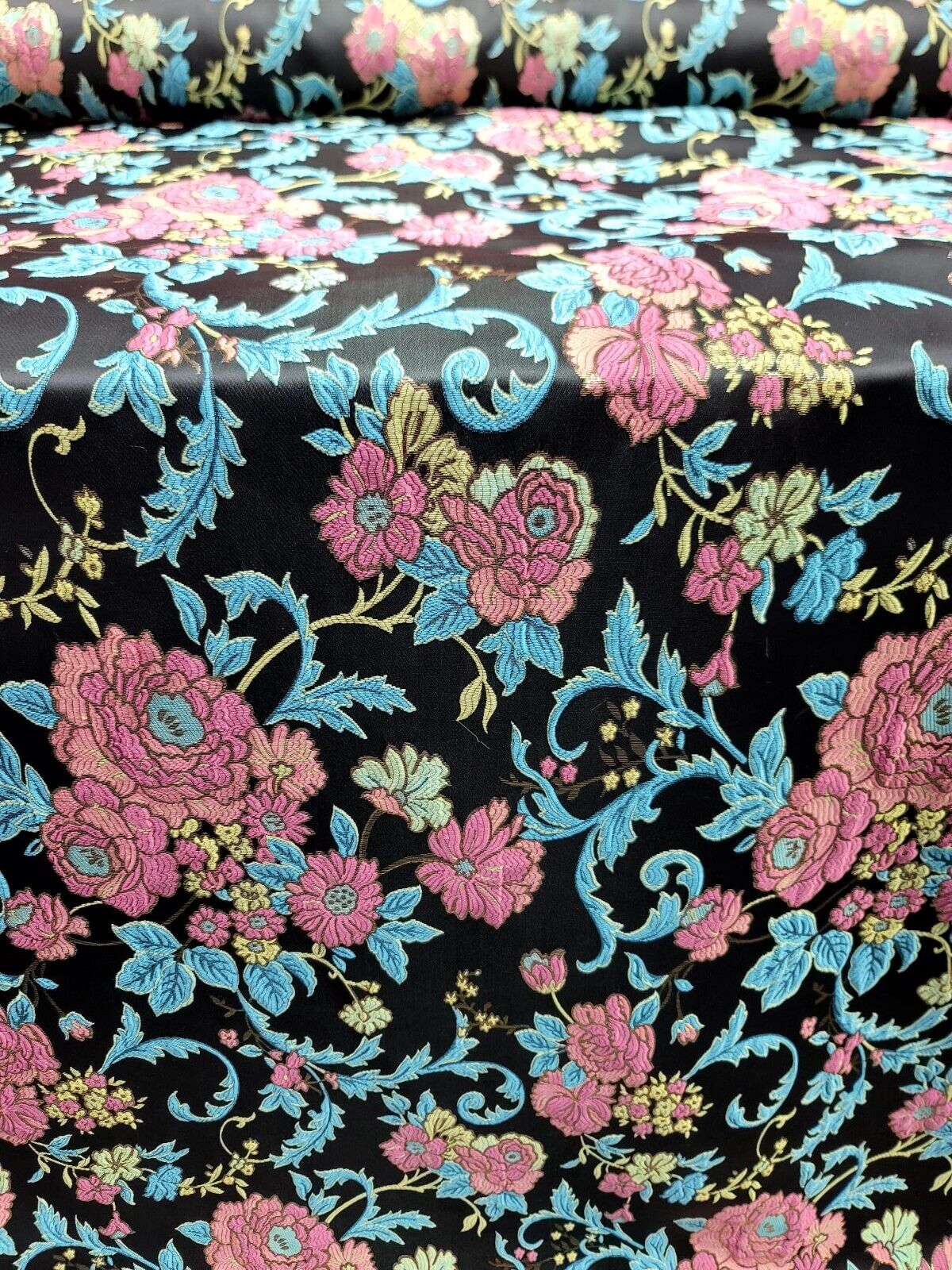 Brocade Multicolor Floral Turquoise Pink Black Jacquard Fabric By The Yard Dress