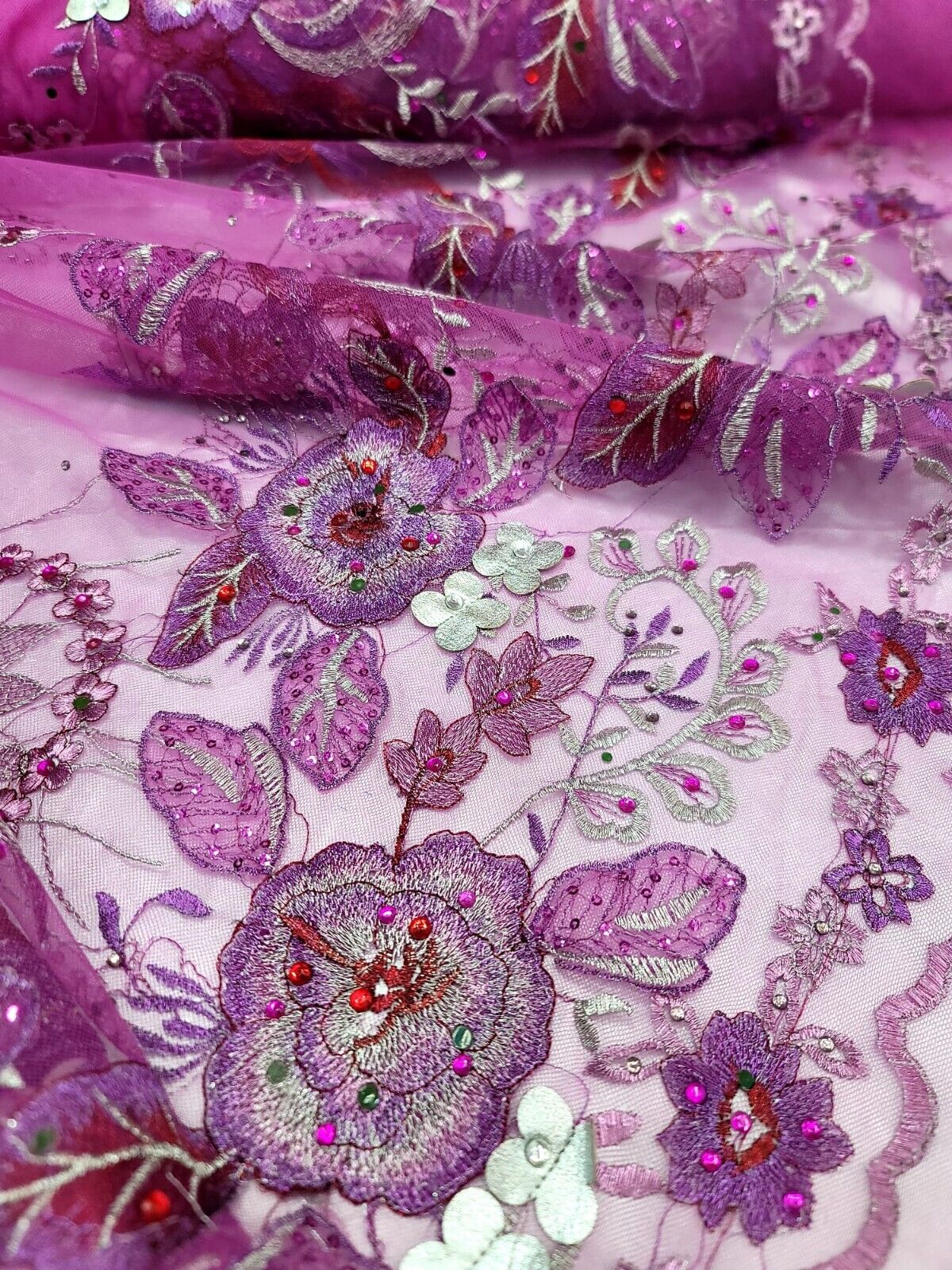 Purple Lace Fabric by the Yard - Floral 3D Silver Flower Embroidered with Glued Rhinestones