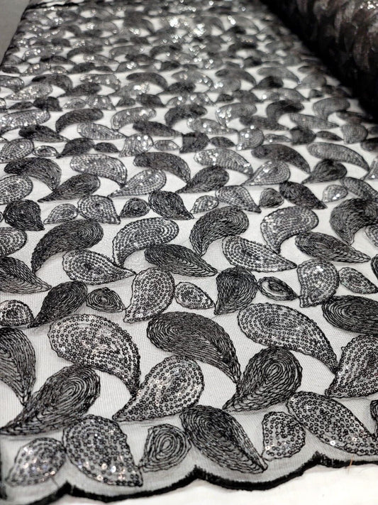 Embroidered Lace Apparel Fabric By The Yard - Sheer Paisley Black Sequins