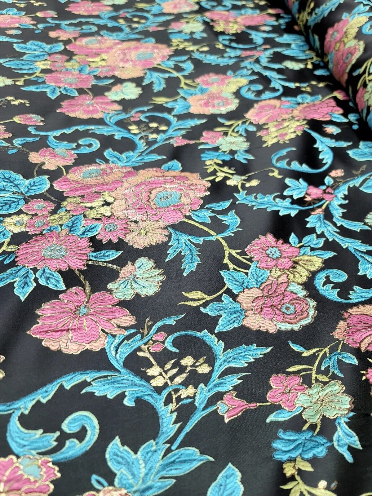 Vtg Brocade Upholstery Fabric By The Yard Green Fuchsia Blue Floral For Dress