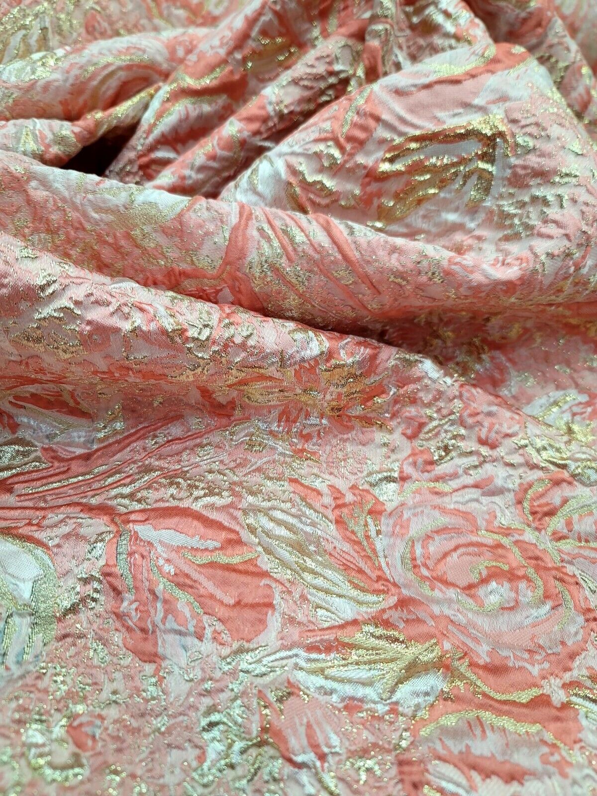 Coral Blush Metallic Gold Floral BROCADE FABRIC SOLD BY THE YARD For Dress
