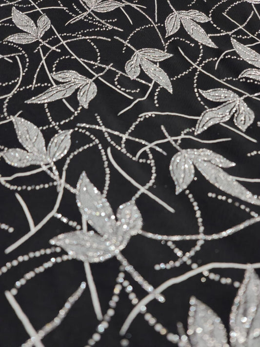 Silver Glitter Floral Flower Black Spandex Fabric By the Yard - Elegant Crafting Material on Black Background