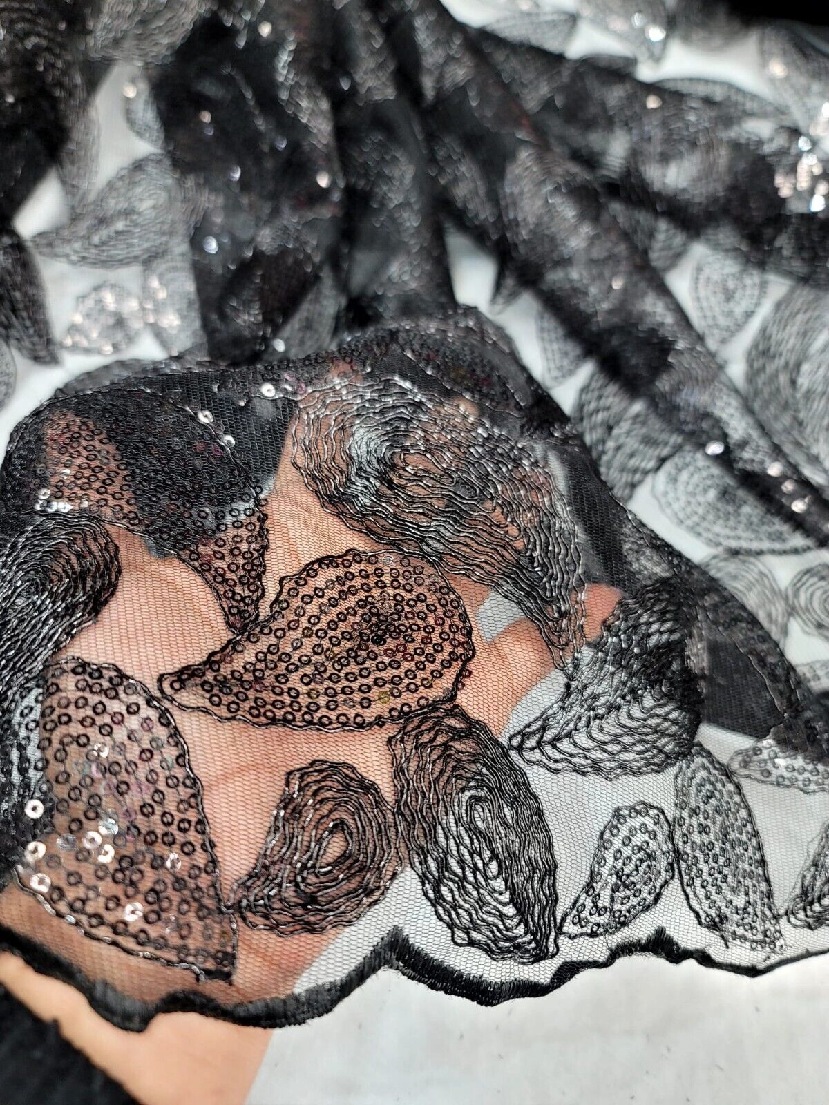 Embroidered Lace Apparel Fabric By The Yard - Sheer Paisley Black Sequins