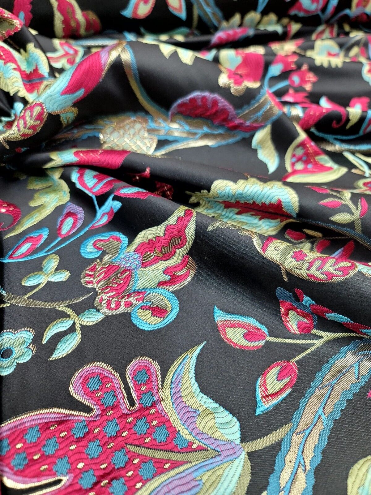 Vtg Brocade Upholstery Fabric By The Yard Green Fuchsia Blue Floral For Dress