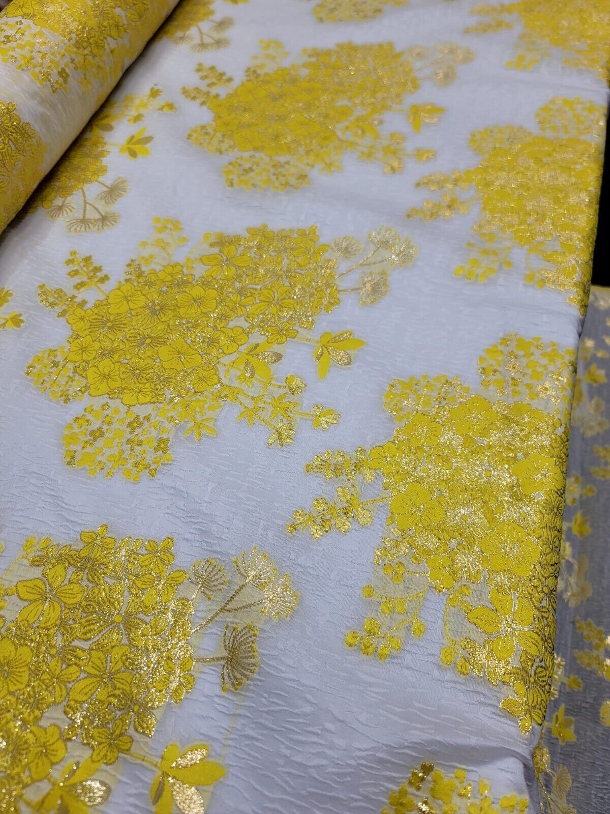 Yellow Floral Brocade Fabric on White Organza - Sold by Yard - Perfect for Prom Dresses, Gowns, and Elegant Creations