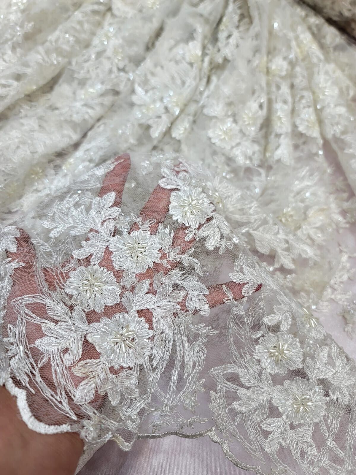 Ivory Lace Flower Embroider On A Mesh Lace Wedding-Bridal Fabric By Yard Beaded