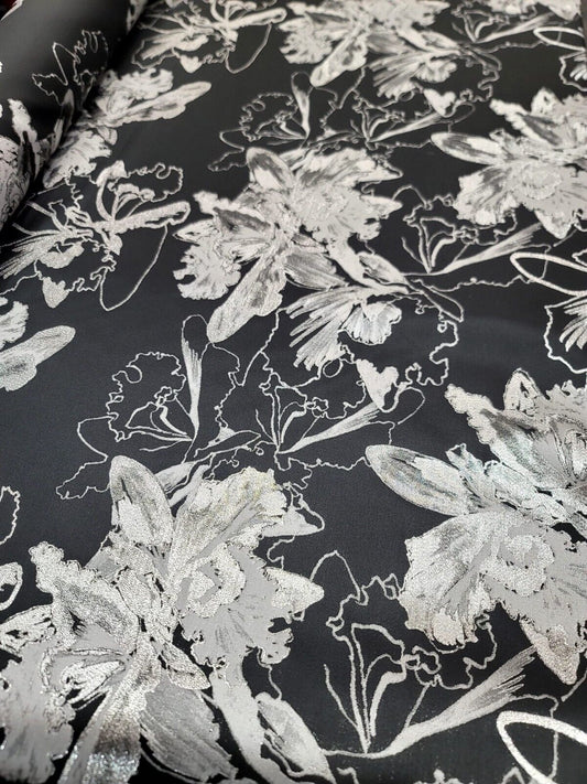 Silver Floral Black Brocade Fabric - 60" Width - Sold by the Yard