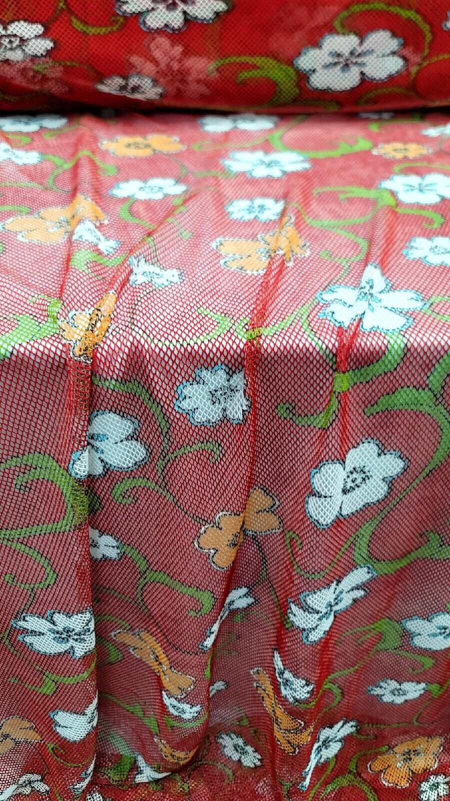 Fish Net Red Floral Flowers Fabric - Sold By The Yard - Fashion Fabric (54” Width)