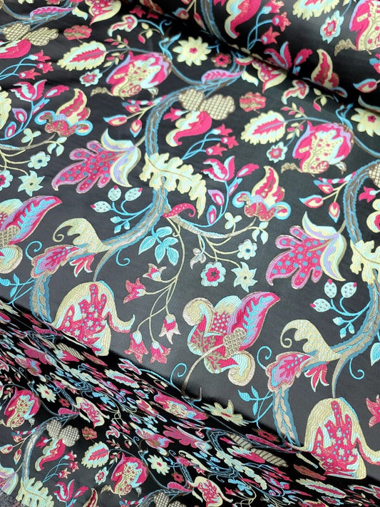 Vtg Brocade Upholstery Fabric By The Yard Green Fuchsia Blue Floral For Dress