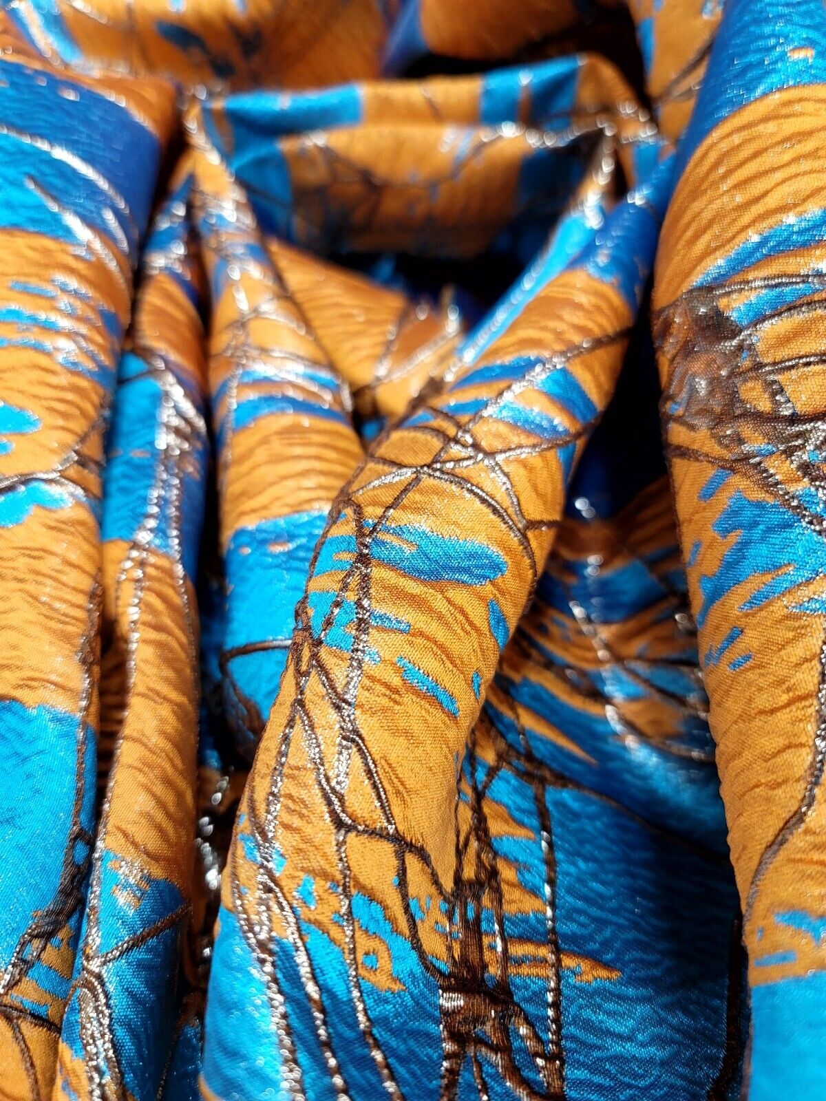 Orange Turquoise and Gold Metallic Brocade Fabric - Sold by Yard - Perfect for Fashion, Upholstery, and Elegant Creations