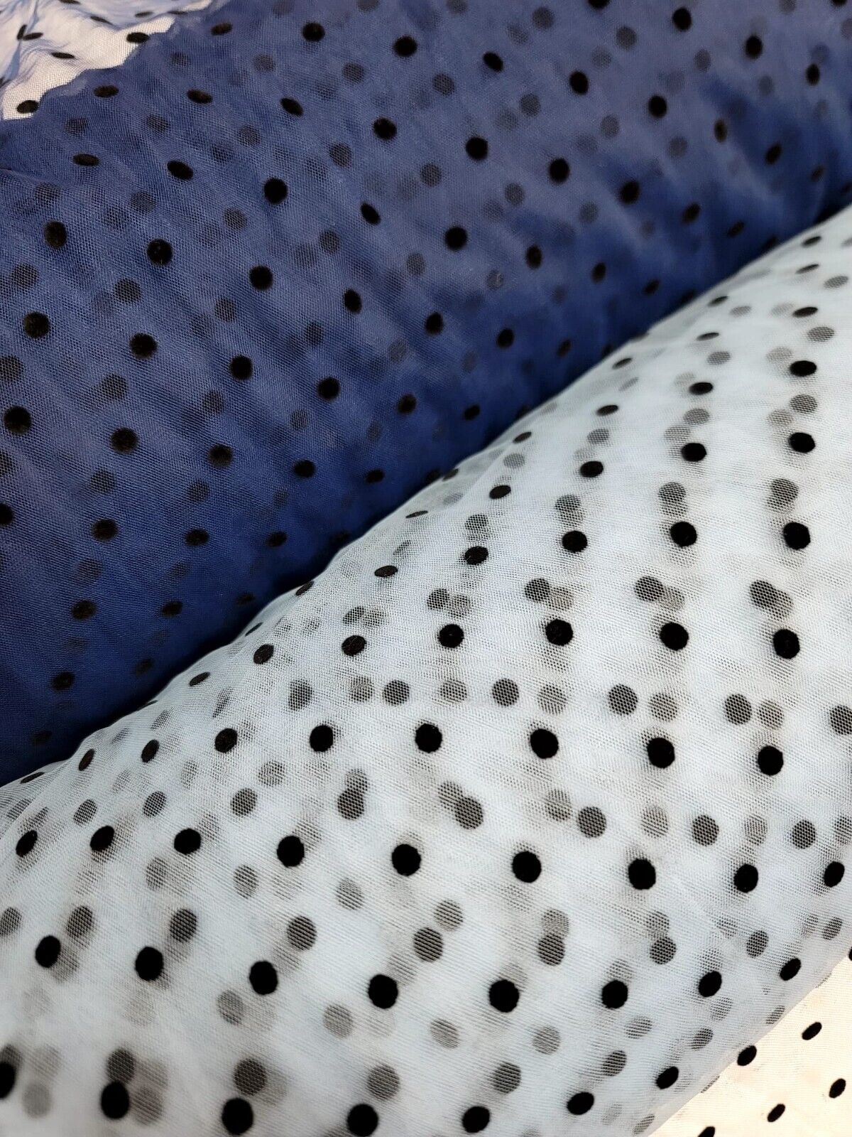 Navy Blue Tulle Mesh Fabric Sold By The Yard Black Velvet Polka-dot For Dress