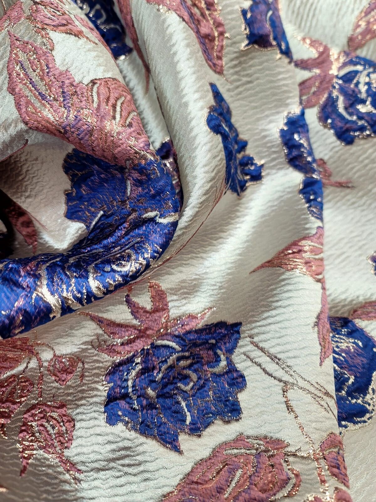 Royal Blue Floral Pink Brocade Fabric Sold By The Yard Rose Gold Metallic