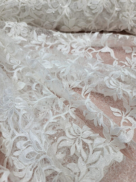 White Embroidery Lace Guipure Floral Flowers Clear Sequin On Mesh Fabric - Sold By The Yard - Clothing Dress Bridal Evening Gown Quinceañera Prom