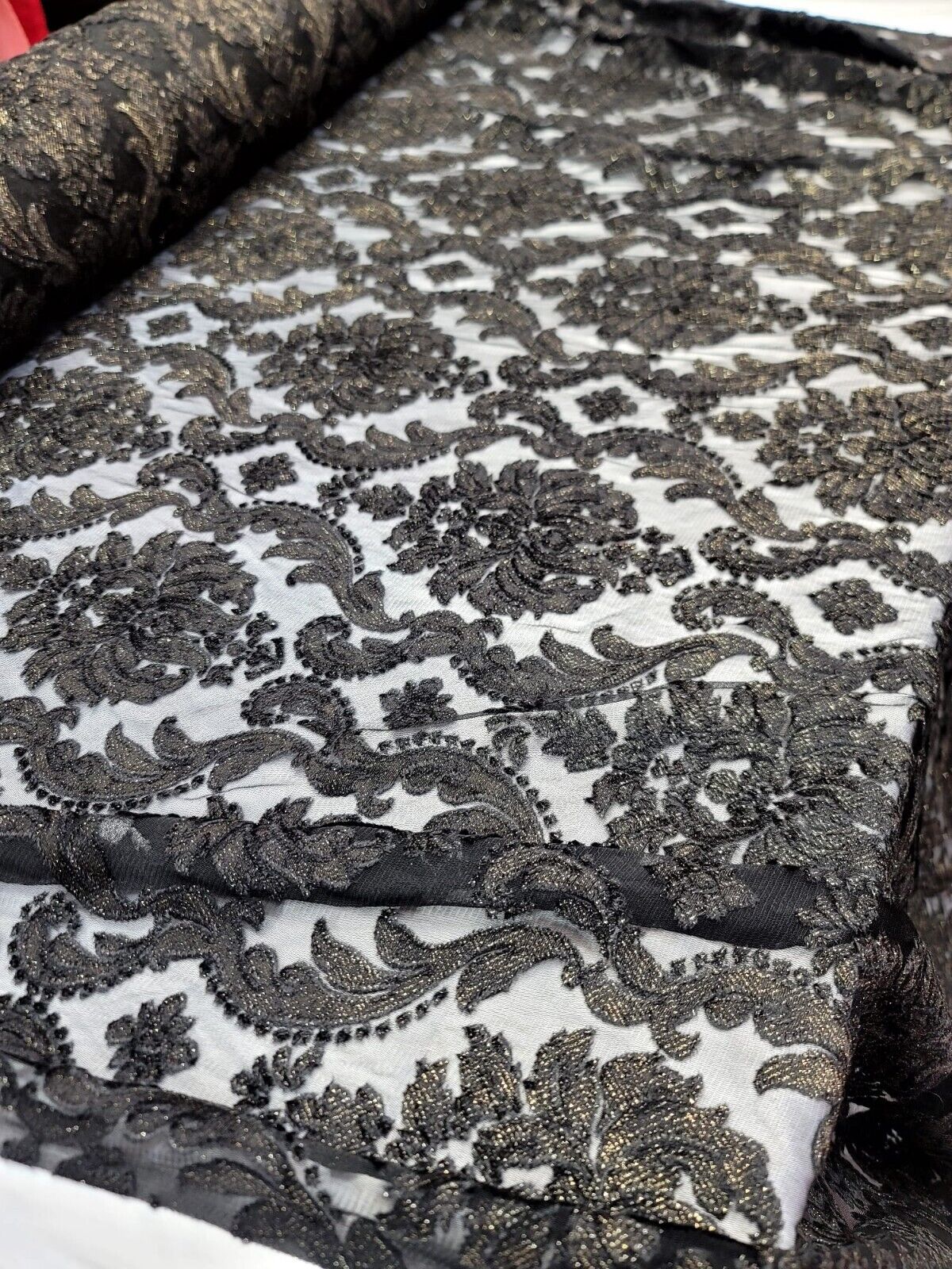 Embroidered Stretch Lace Apparel Fabric Sheer Black Floral Gold Accent - 52" Width