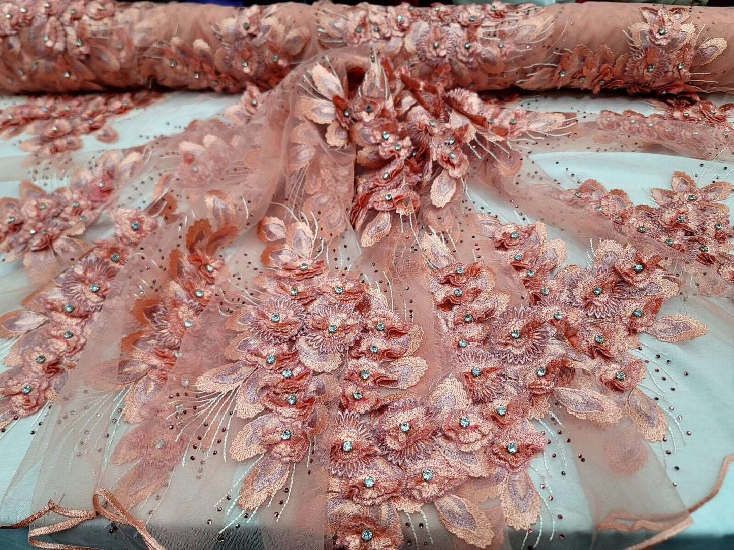 Elegant Coral Hand Beaded Lace Wedding/Bridal 3d Floral Fabric Sold By The Yard