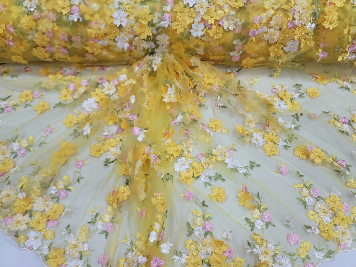 Yellow Lace 3D Floral Flowers Pink Embroidery Fabric - Sold By The Yard - Perfect for Quinceañera Dresses
