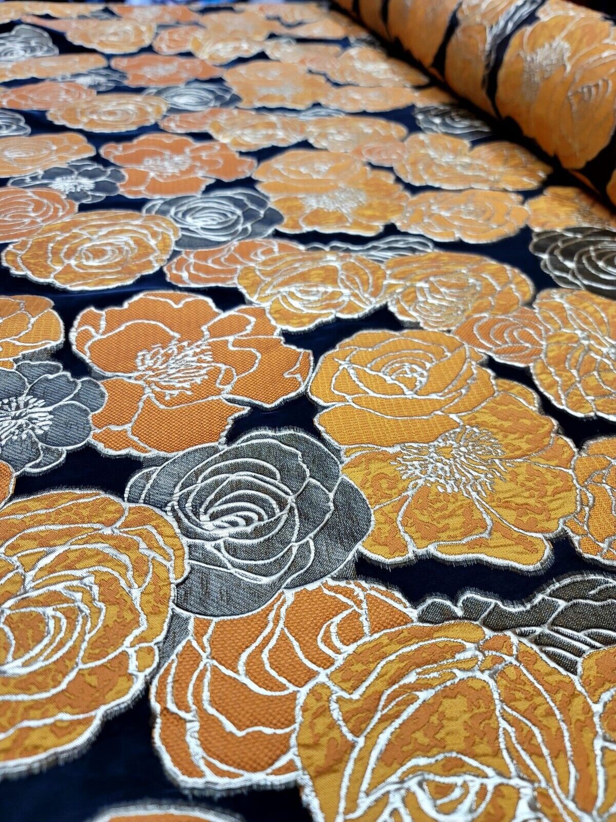 Orange Gold Floral Metallic Brocade Fabric Sold By The Yard BLACK ORGANZA