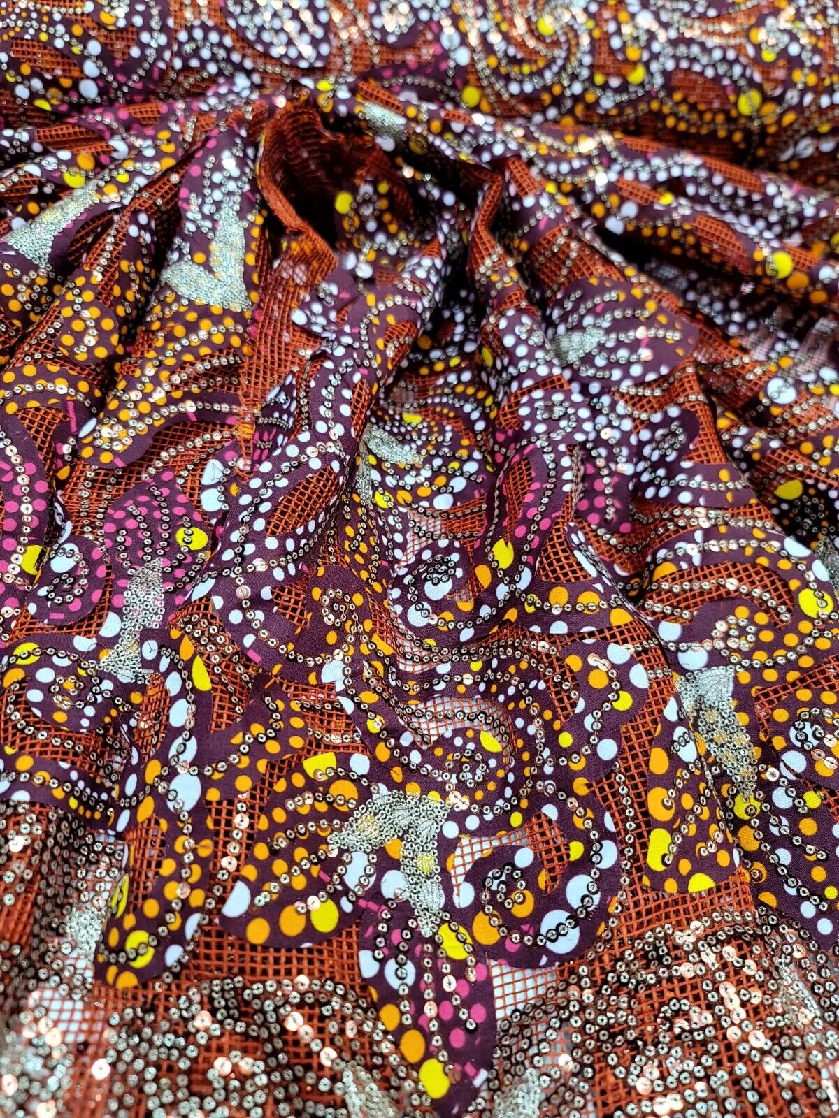 Maroon Sequins Embroidery Fish Net African Lace Fabric 50” W Sold By The Yard