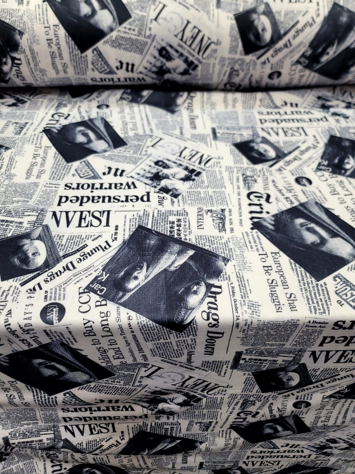 Newspaper Weekly Newsprint Cotton Fabric - Black and White - Sold by the Yard