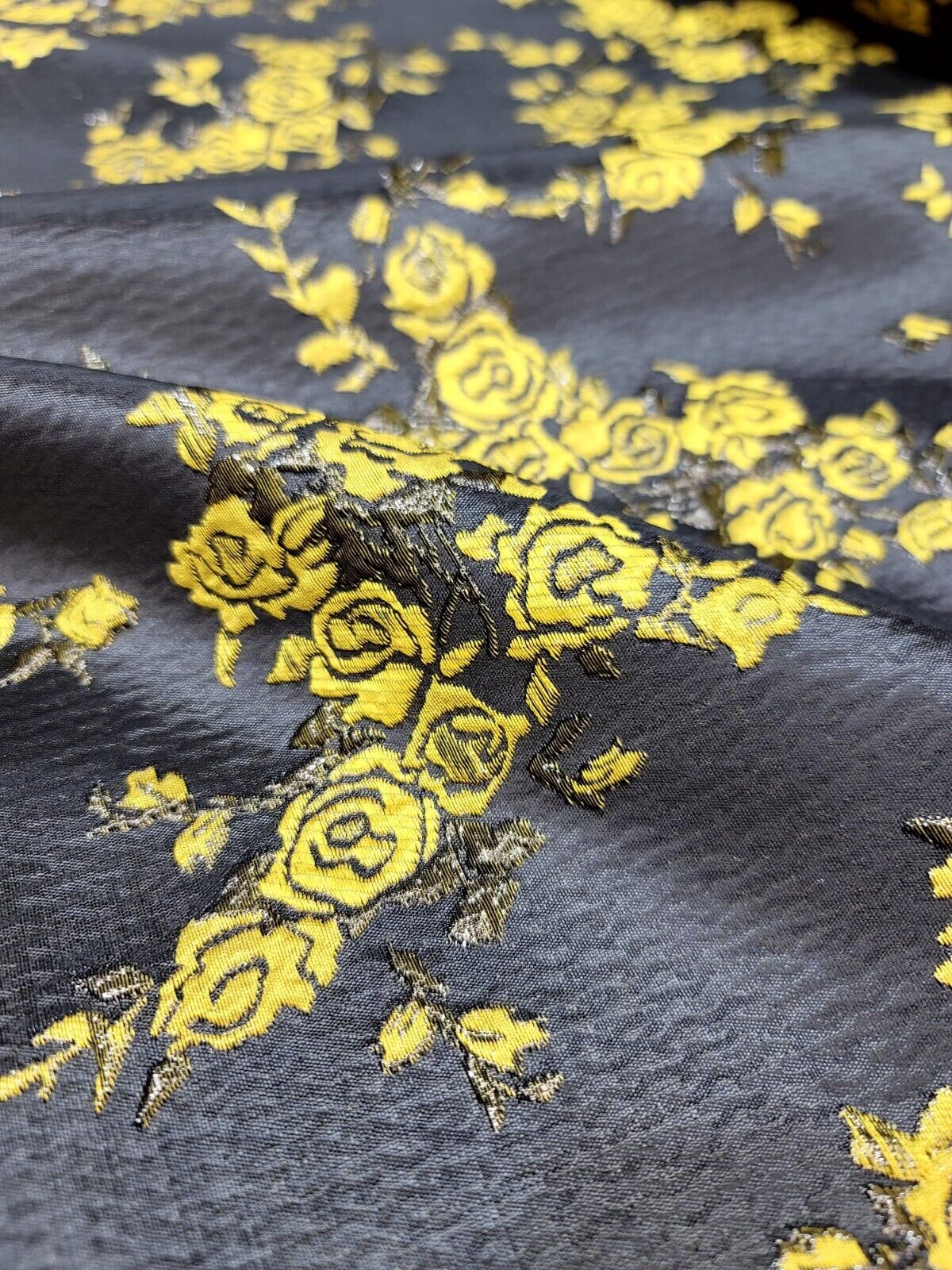YELLOW Floral Black Brocade Fabric - By the Yard