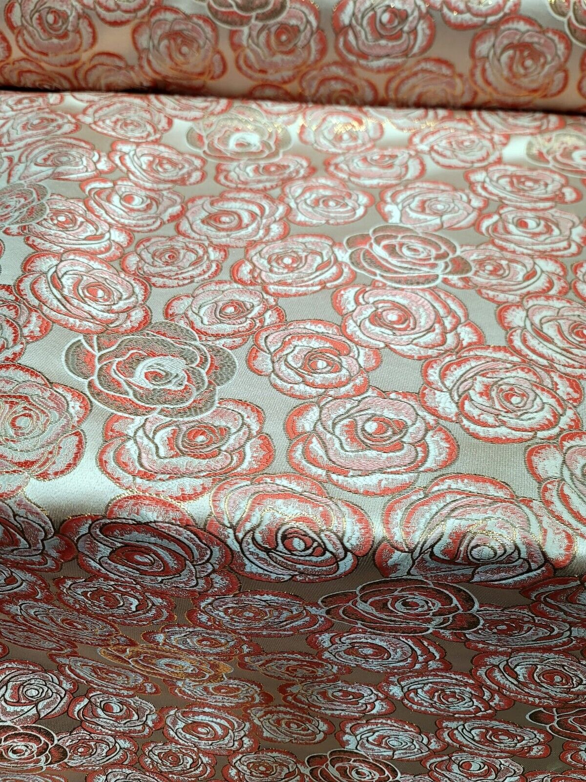 CORAL FLORAL BROCADE FABRIC SOLD BY THE YARD ACCENT GOLD FOR DRESS UPHOLSTERY