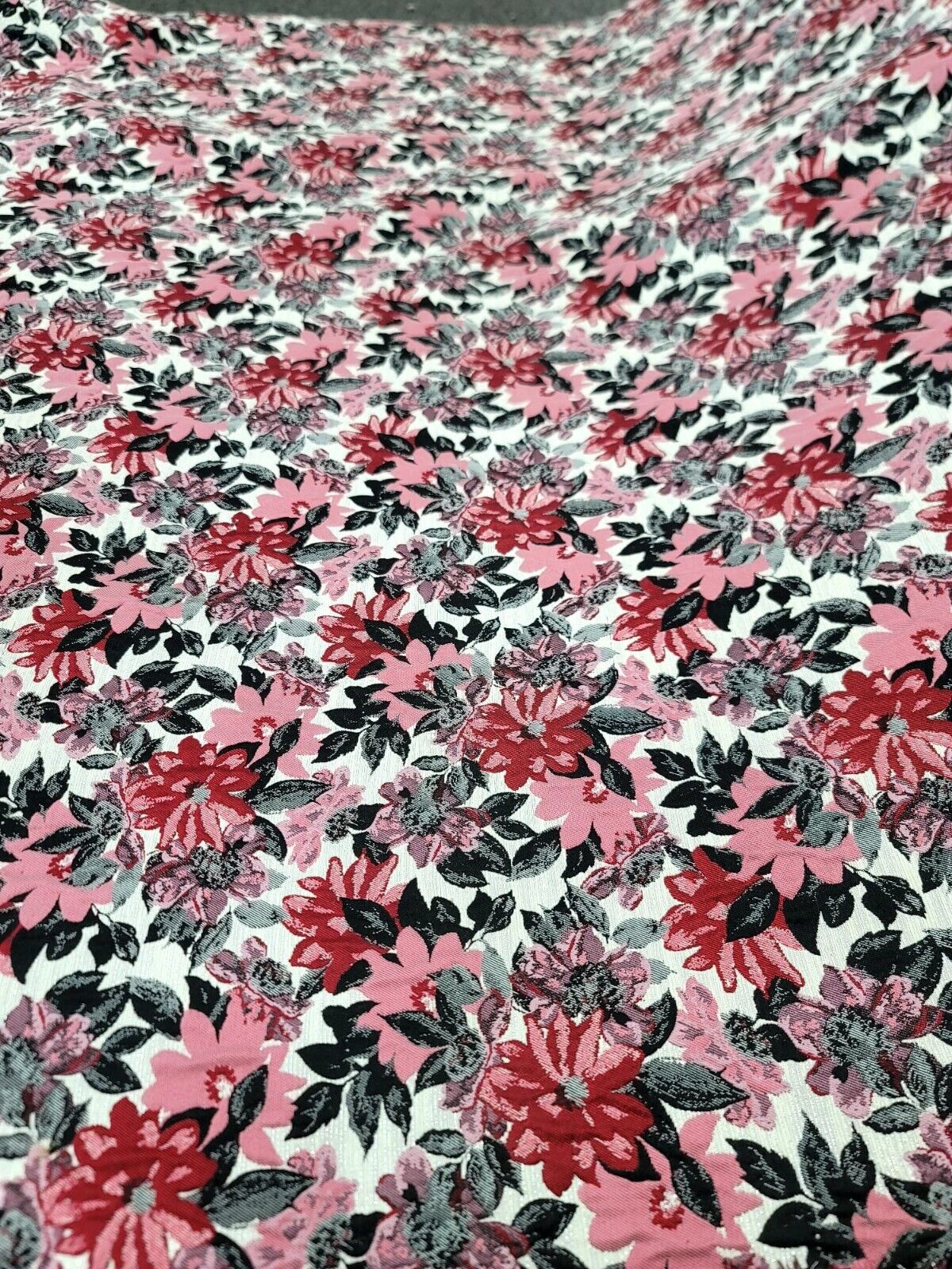 Pink Red Floral Chenille Upholstery Brocade Fabric - 56" Width - Sold by the Yard - Gray Leaves