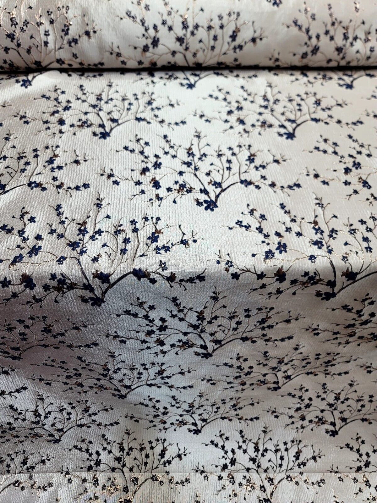 NAVY BLUE Metallic Rose Gold Floral Brocade Fabric - Sold by the Yard