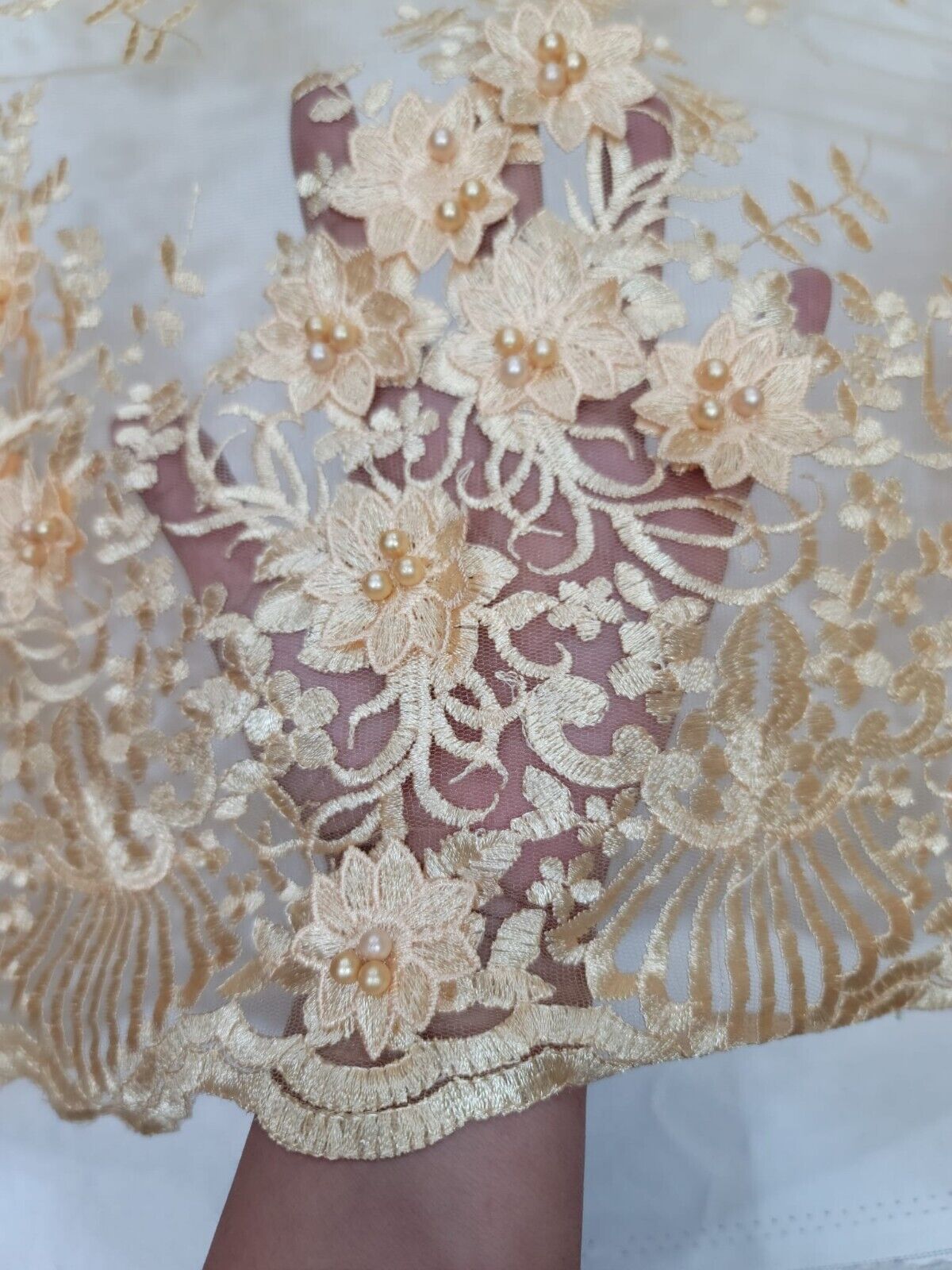 Pale Yellow Beaded Lace 3D Floral Flowers Fabric - Sold By The Yard - Ideal for Gown and Quinceañera Dresses (52” Width)