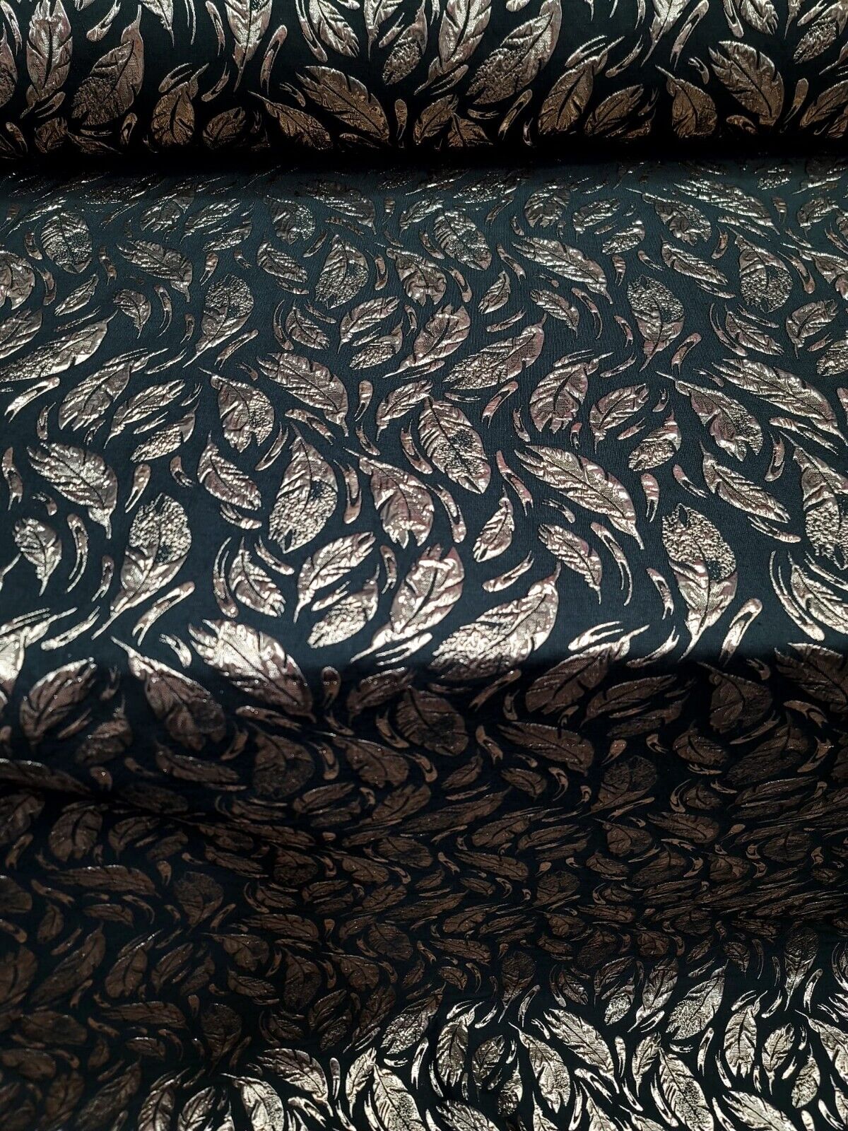 Black Gold Feathers Brocade Fabric - Sold By The Yard - Embossed Dress (60” Width)