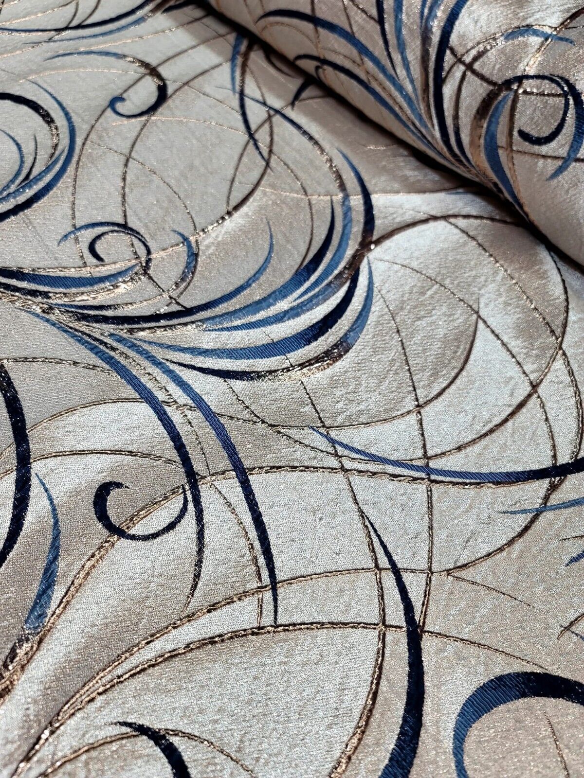 Navy Blue Swirls Brocade Jacquard Textured Gold Metallic On Beige Jacquard