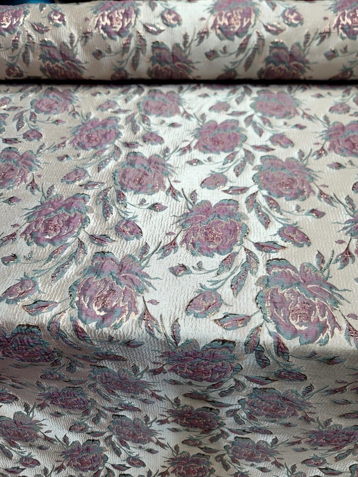 Brocade Mauve Sage Floral Fabric by The Yard Prom Bridal Quinceañera Beige Background.