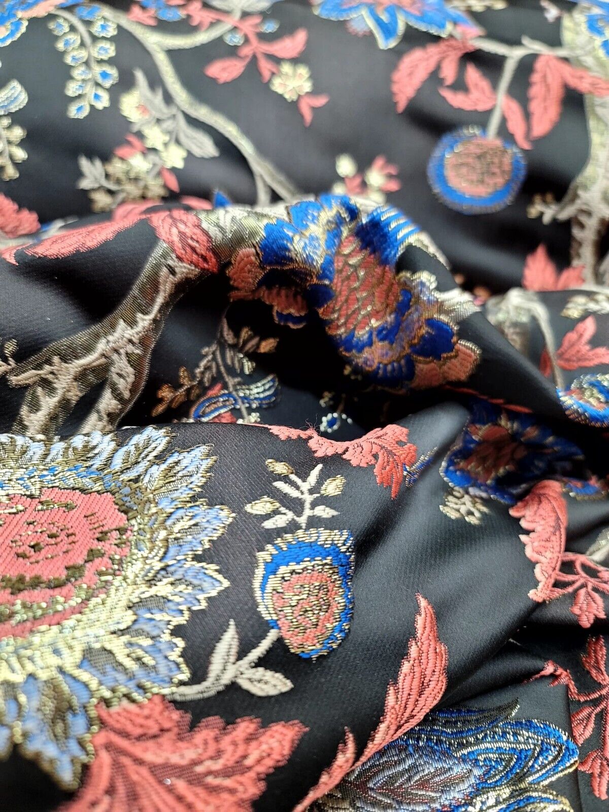 Coral Blue Floral Damask Jacquard Brocade Fabric By The Yard Thick Unique Design