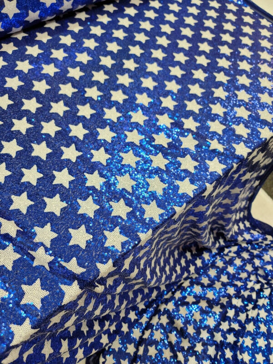 White Stars Sequin Royal Blue Background Fabric By The Yard Four W Stretch Mesh