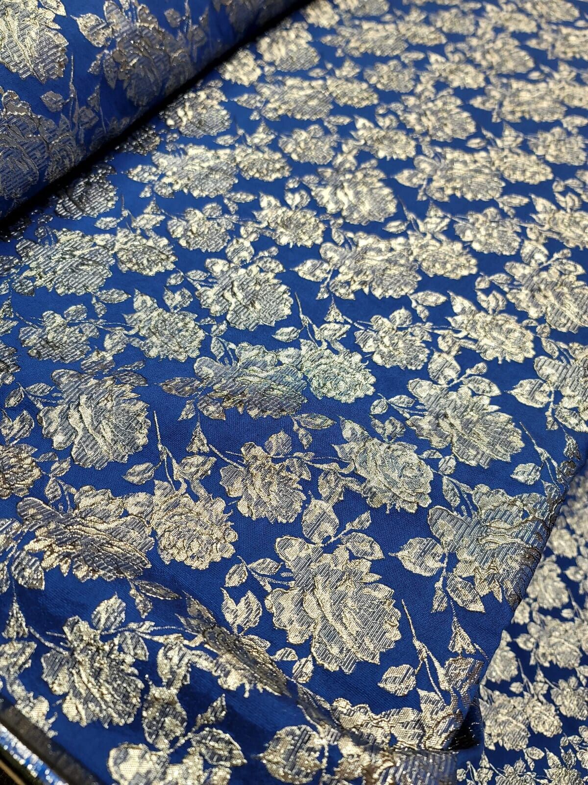 ROYAL BLUE Brocade Fabric (60 in.) Sold By The Yard METALLIC SILVER FLORAL EMBOS