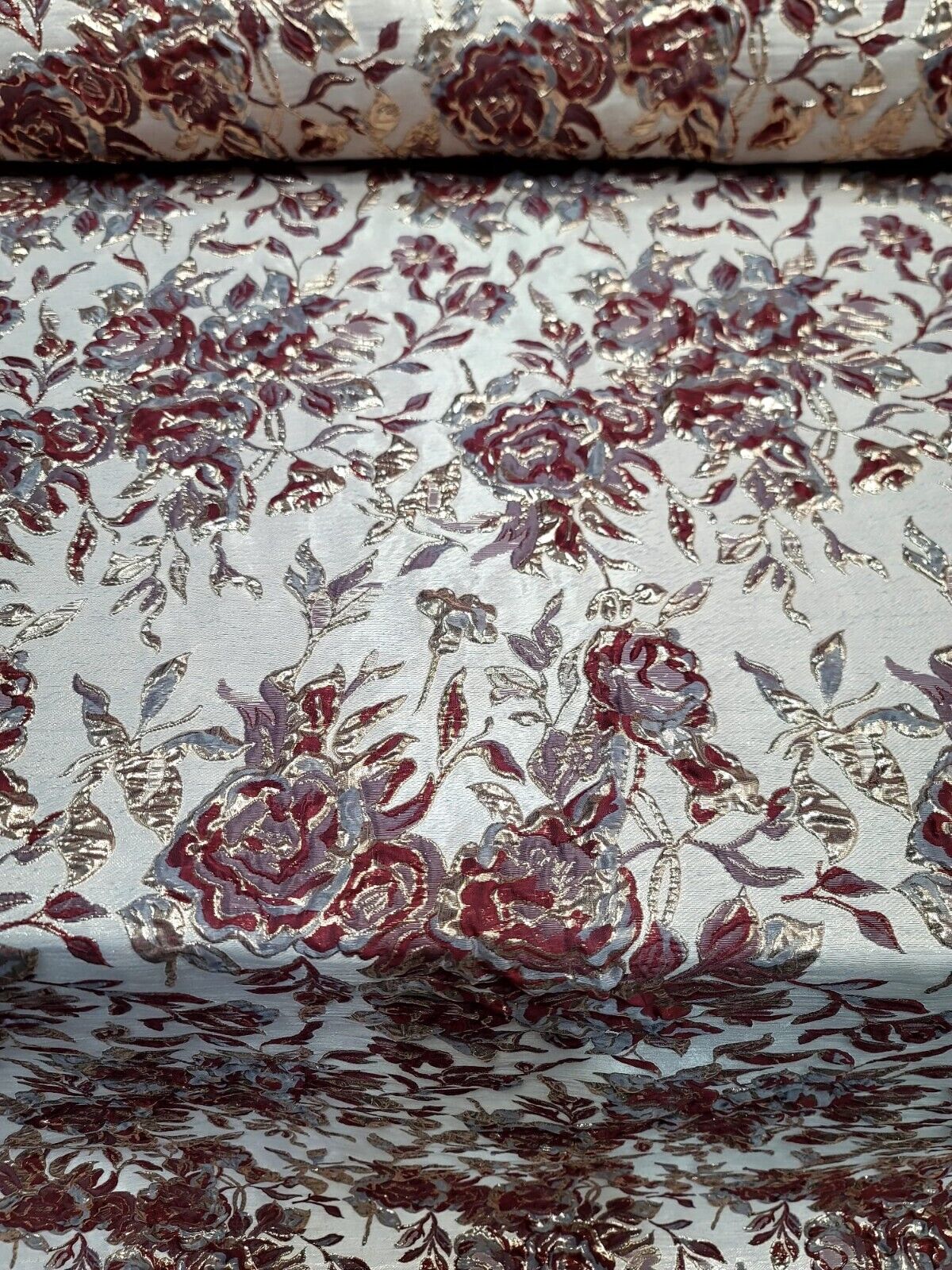 Fabric Sold By The Yard Burgundy METALLIC Brocade Floral Flowers Dress Upholster