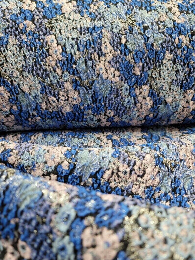 Royal Blue Brocade Floral Flowers Textured Jacquard Fashion Fabric Sold By The Yard