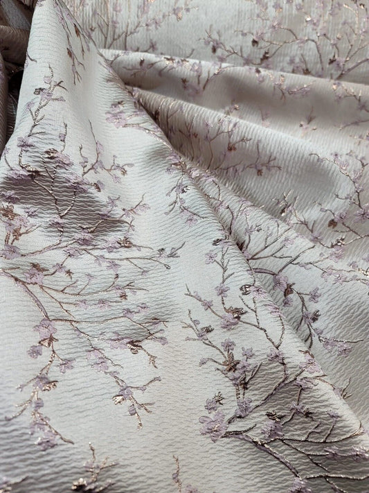 Metallic Floral Brocade Fabric 60" Sold By Yard Small Pink Flowers Beige Brocade