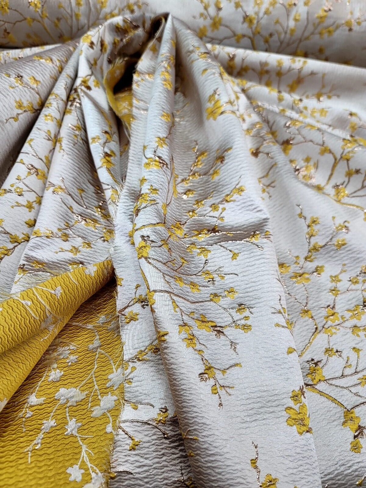 YELLOW GOLD Floral Brocade Fabric (60 in.) Sold By The Yard Cherry Blossom Beige