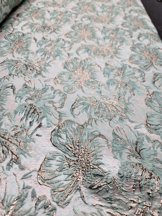 MINT GREEN ROSE GOLD Floral Brocade Fabric - Sold by the Yard