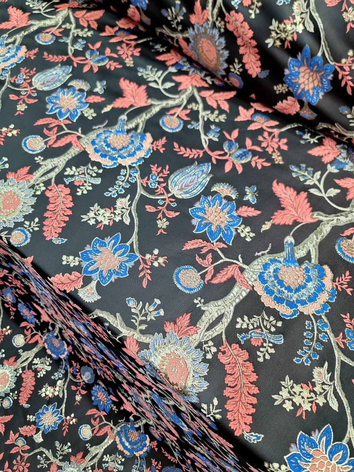 Coral Blue Floral Damask Jacquard Brocade Fabric By The Yard Thick Unique Design