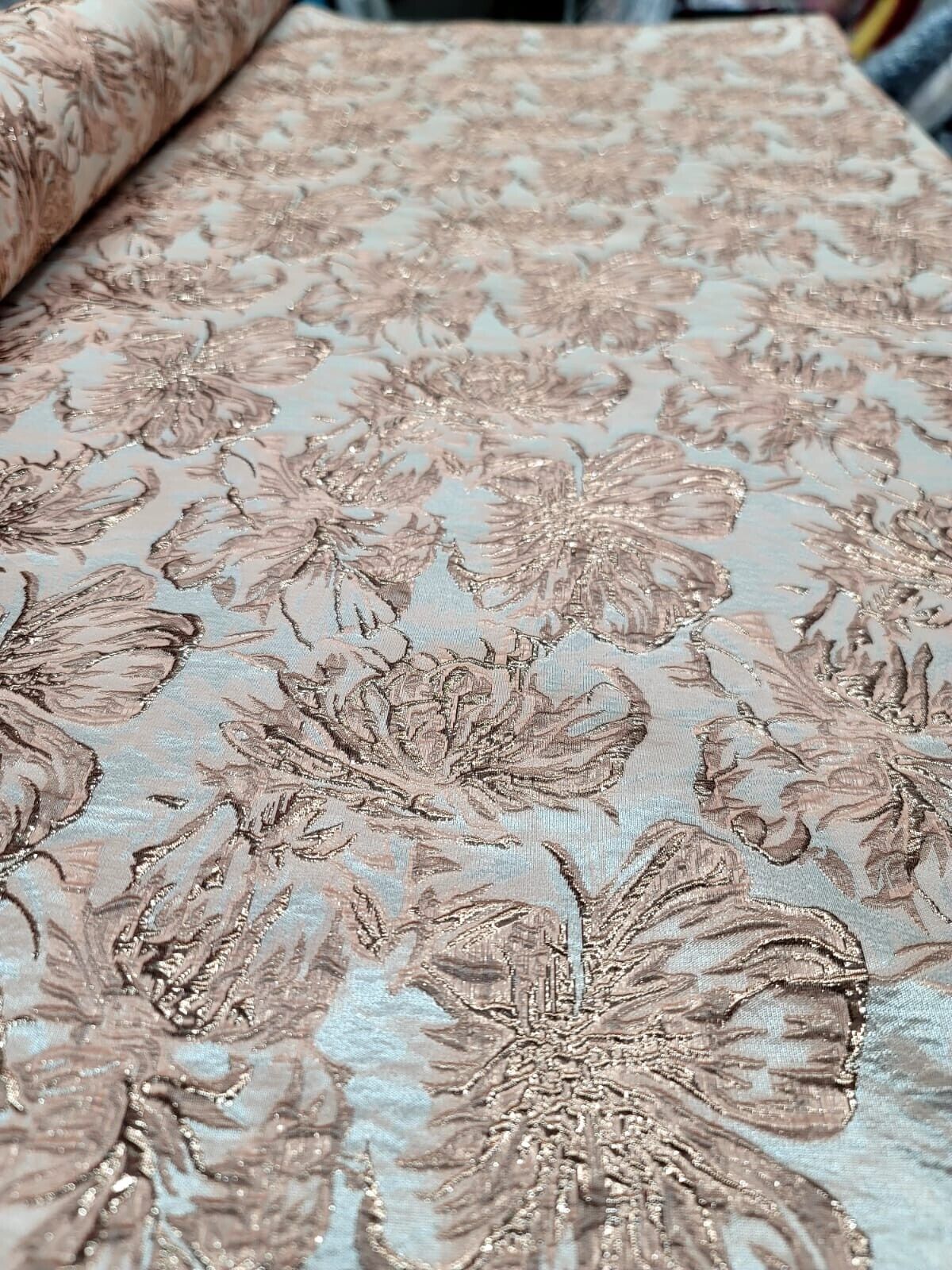 Rose Gold Floral Brocade Fabric Sold By The Yard Metallic Texture Embossed Prom